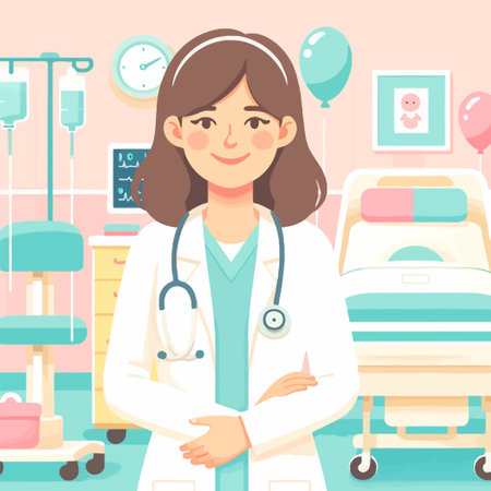 A happy midwife in a delivery roomのイラスト素材