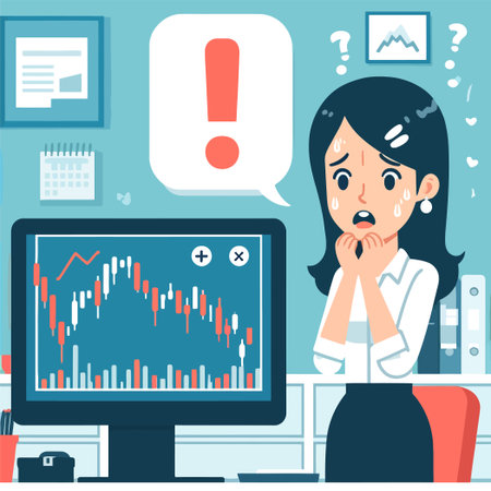 cartoon of a businesswoman with a panicked expression looking at a sharply declining stock chartのイラスト素材
