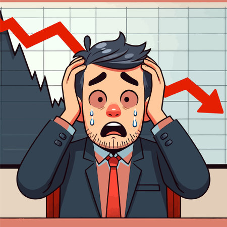 cartoon of a business man with a panicked expression looking at a sharply declining stock chart