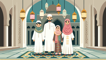 illustration of a Muslim family in a mosque with an Islamic lanternのイラスト素材