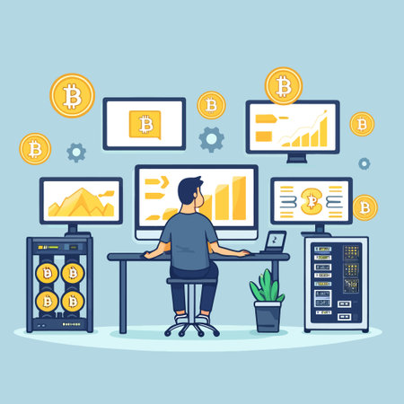 Cartoon illustration of a person mining Bitcoin at computerのイラスト素材