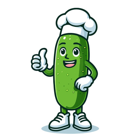 Cute cucumber cartoon mascot wearing chef costumeのイラスト素材