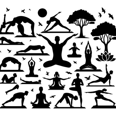 various yoga poses in black and white silhouetteのイラスト素材