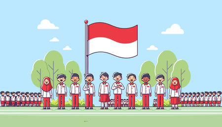 illustration of school children participating in an Indonesian independence ceremonyのイラスト素材