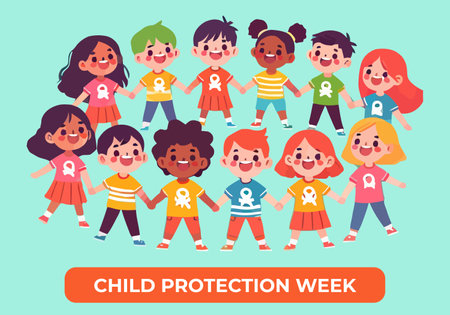 Cartoon of a group of children holding hands in a circle at National Child Protection Weekのイラスト素材