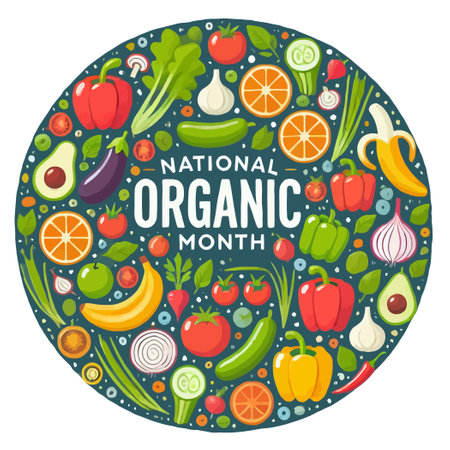 illustration for National Organic Month showing a variety of organic fruits and vegetablesのイラスト素材