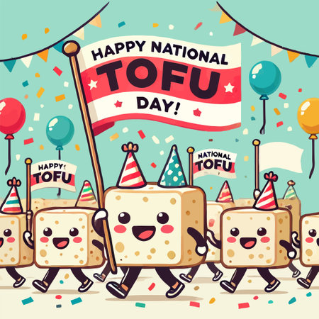 Illustration of a festive tofu character parade with a banner Happy National Tofu Dayのイラスト素材