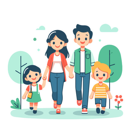 illustration of a happy family walking together on a white backgroundのイラスト素材