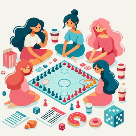 illustration of a group of girls playing a board game on a white backgroundのイラスト素材