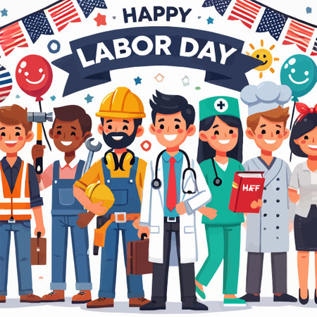 illustration of diverse workers celebrating Labor Dayのイラスト素材