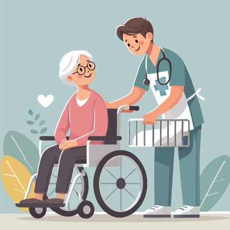 cartoon of a healthcare worker helping an elderly person in a wheelchairのイラスト素材