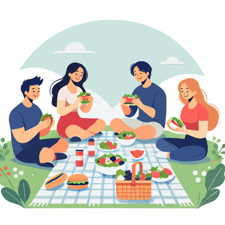 cartoon of people picnicking in a park enjoying various healthy foodsのイラスト素材