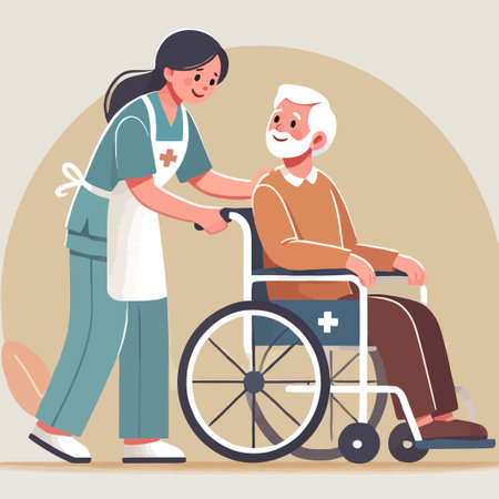 illustration of a nurse helping an elderly person in a wheelchairのイラスト素材