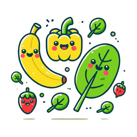 cheerful cartoon fruits and vegetables including banana, bell pepper and spinach leavesのイラスト素材