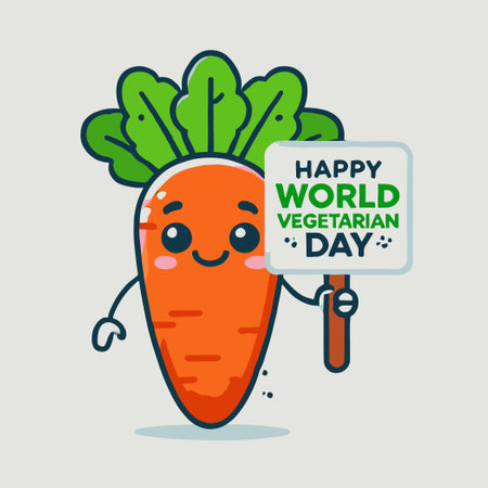 cartoon of a smiling carrot character holding a Happy World Vegetarian Day signのイラスト素材