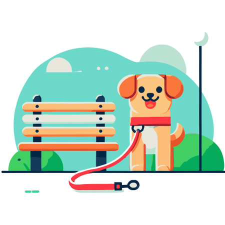 cartoon of a cheerful dog next to a park benchのイラスト素材