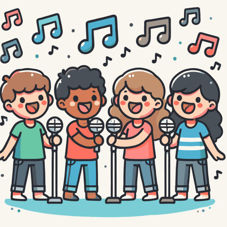 happy children characters singing with a microphoneのイラスト素材