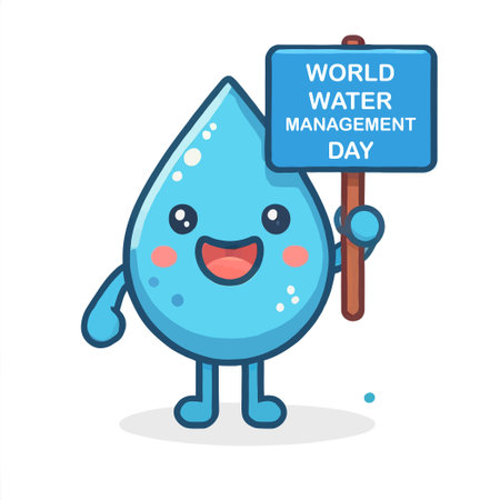 illustration of a happy water drop character holding a World Water Management Day signのイラスト素材