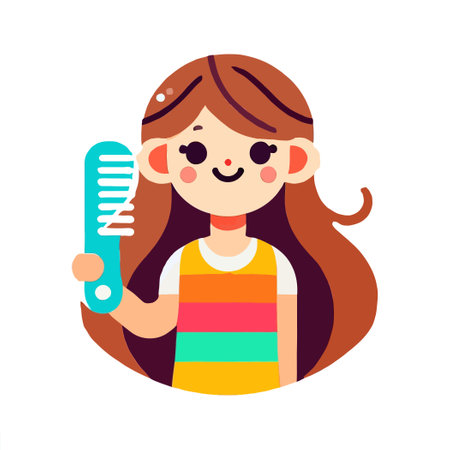 character of a smiling girl with loose hair holding a combのイラスト素材