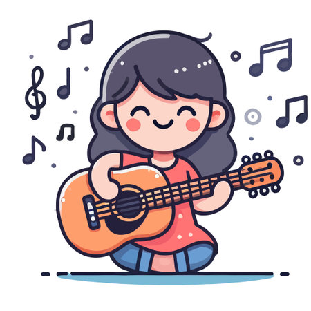 cartoon illustration of a girl playing an acoustic guitarのイラスト素材