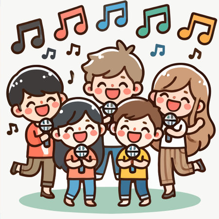 cartoon of a group of friends singing togetherのイラスト素材