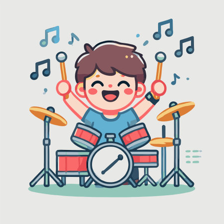 cartoon of a boy playing a drum with drumsticksのイラスト素材