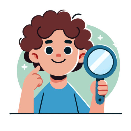 cartoon of a boy with curly hair looking in the mirrorのイラスト素材