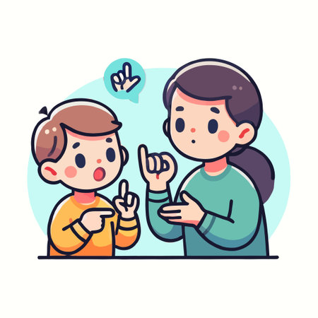 Cartoon of a mother teaching sign language to a childのイラスト素材
