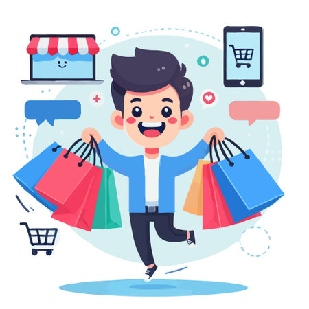 cartoon of a happy online shopper holding several shopping bagsのイラスト素材