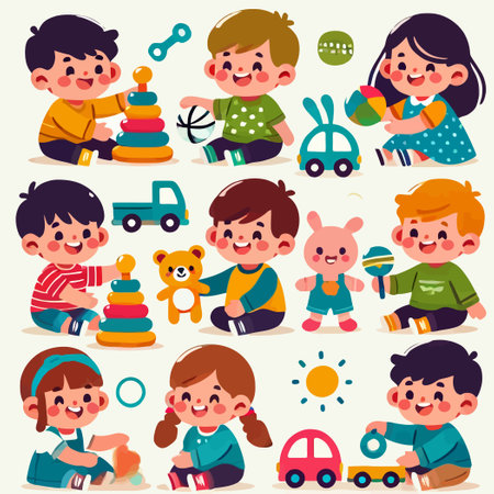cartoon collection of children happily playing with toysのイラスト素材