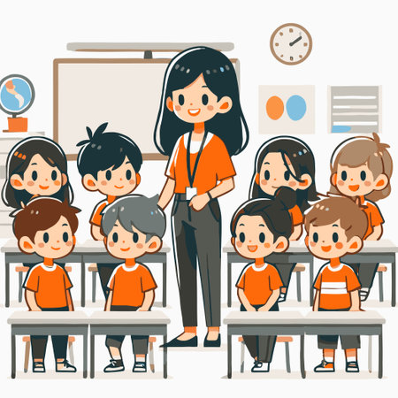 cartoon of a teacher and students in a classroom celebrating Orange Shirt Dayのイラスト素材