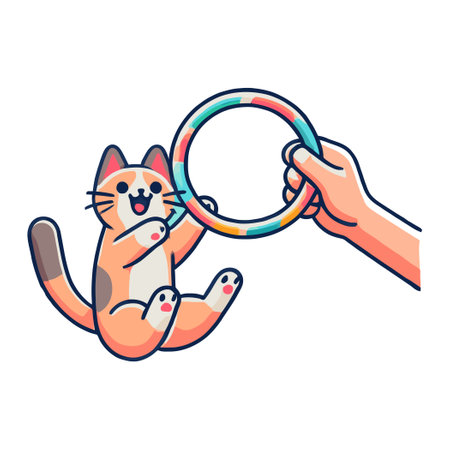 cartoon of a cute cat jumping through a hoop in a flat designのイラスト素材