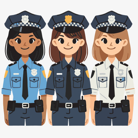 cartoon of three female police officers standing shoulder to shoulderのイラスト素材