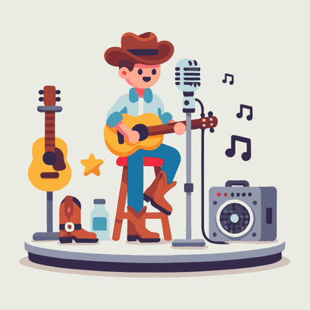 Cheerful Country Singer Cartoon Illustration Playing Acoustic Guitar on Stageのイラスト素材