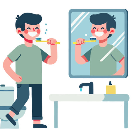 Happy Man Brushing Teeth in Bathroom Ilustrationのイラスト素材