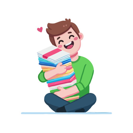 Young Man Embracing a Stack of Books Illustrationのイラスト素材