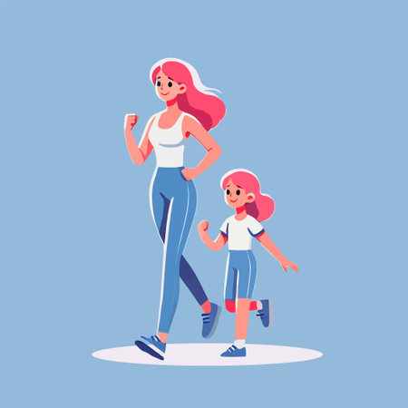 Mother and Daughter Enjoying a Healthy Walk Togetherのイラスト素材