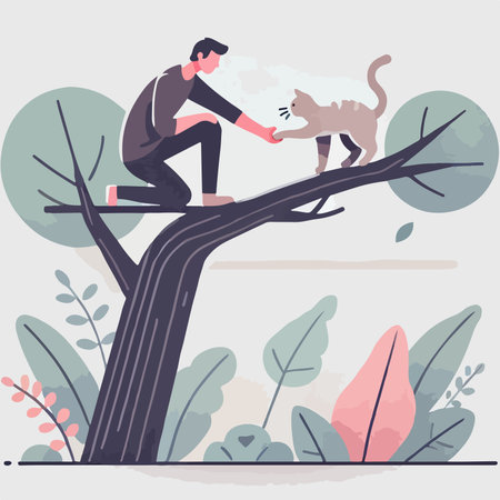 Man Rescuing a Cat from a Tree Branch Illustrationのイラスト素材