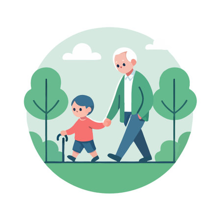 Grandfather And Child Walking In Park Illustrationのイラスト素材
