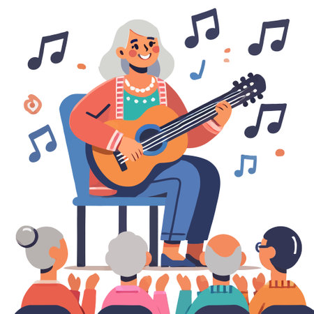 Elderly Woman Playing Guitar for Audience Illustrationのイラスト素材