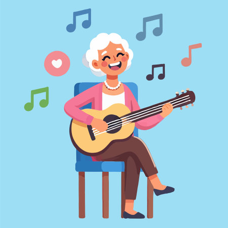 Happy Elderly Woman Playing Acoustic Guitar Illustrationのイラスト素材