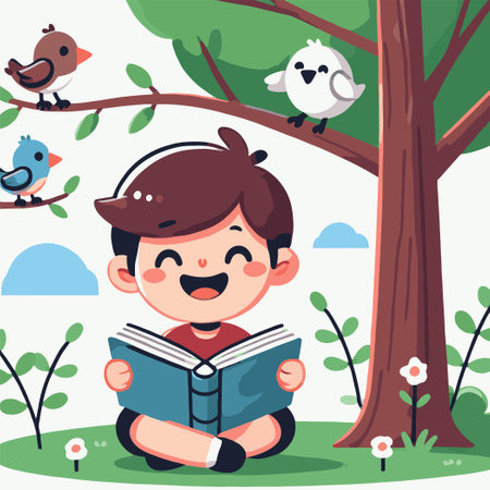 Happy Boy Reading Book Under Tree Illustrationのイラスト素材
