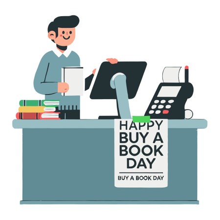 Smiling Bookstore Clerk Selling Books Happy Buy A Book Day Illustrationのイラスト素材