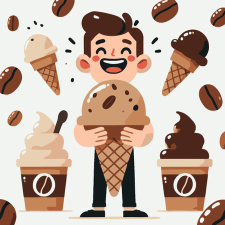 Happy Boy Holding Coffee Ice Cream Illustrationのイラスト素材