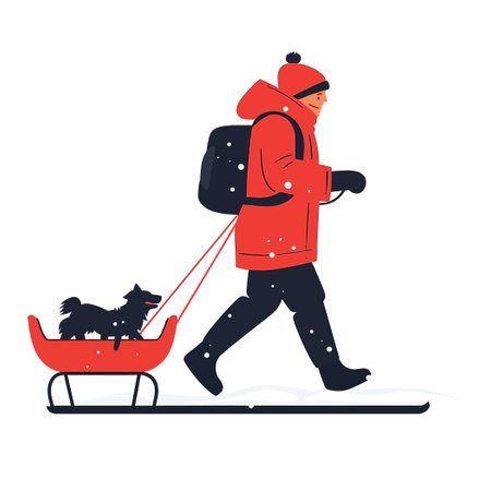 Man pulling dog in red sled through snowy winter sceneのイラスト素材
