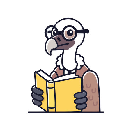 Cartoon Vulture with Eyeglasses Reading a Yellow Book on White Backgroundのイラスト素材