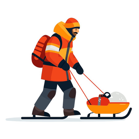 Man in Orange Winter Gear Pulling a Sled on Skis Against White Backgroundのイラスト素材