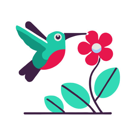 Colorful Hummingbird Feeding on Red Flower with Green Leaves on White Backgroundのイラスト素材