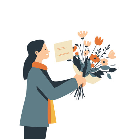 Woman offering floral bouquet and card in white backgroundのイラスト素材
