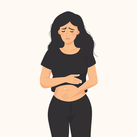 Illustration of Woman Holding Stomach Expressing Pain and Discomfortのイラスト素材